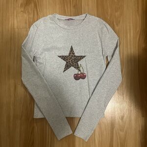 Gray Long Sleeve Top with Leopard Star and Cherry Design